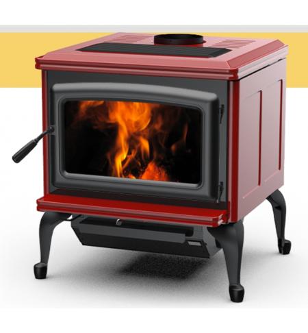 Kanadská kamna Pacific Energy SUMMIT CLASSIC červený smalt, černé dveře, černá mřížka, černé nožičky a popelníkový systém