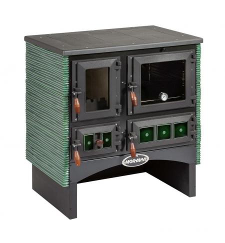 Sporák KVS Moravia 9180.416KK Ofélie kachle lahvově zelená, dřevěné doplňky, ocelový rám plotny s varnými plotnami, vývod kouřovou uprostřed